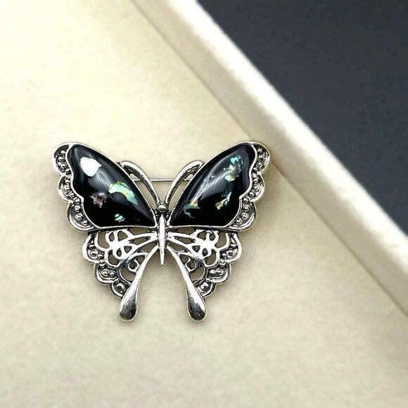Silver with Embedded Shell and Black Enamel Butterfly Pin Back Brooch - Picture 4 of 7